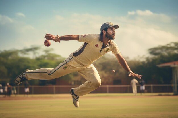 Photo a fielder about to catch the ball during a cricket match