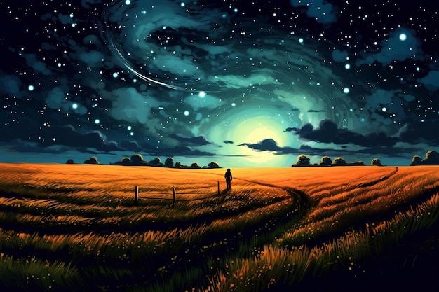 Among the fields and the beautiful sky at night