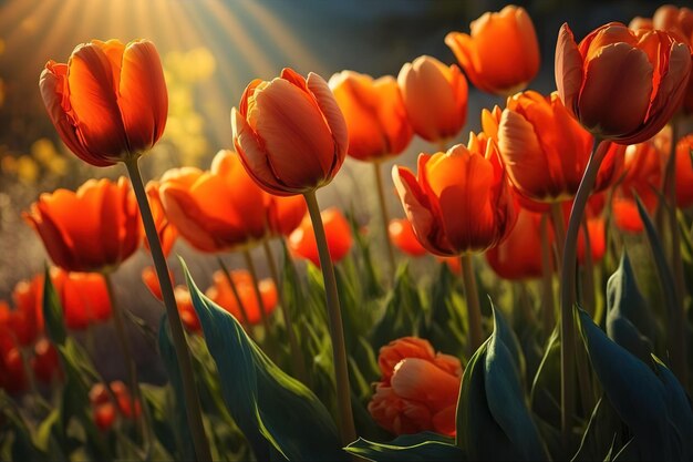 Fields of blazing orange tulips bathed in the warm sunshine of a sunny day