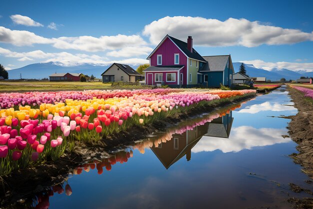 Foto campi di tulipani colorati in fiore campi di fiori colorati generati dall'ai