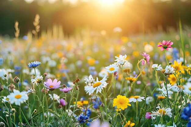 Fields of blooming wildflowers under the warm spring sun A picturesque scene of vibrant wildflowers carpeting fields under the gentle warmth of the spring sun