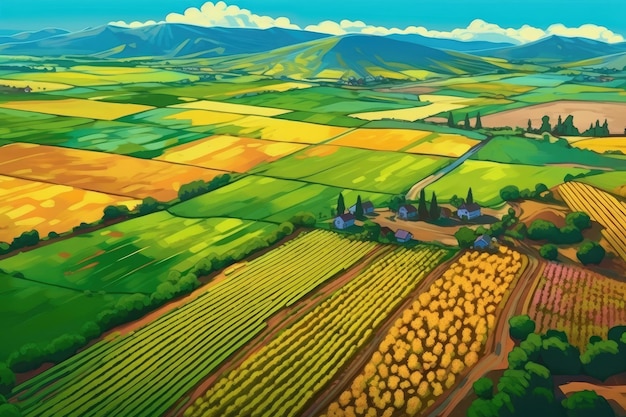 Fields of crops stretch towards distant hills Generative AI