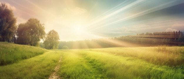 Fields and pastures with lush green grass under sunny blue skies of summer Background is serene Generative AI