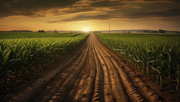 The fields row in front of a sunset