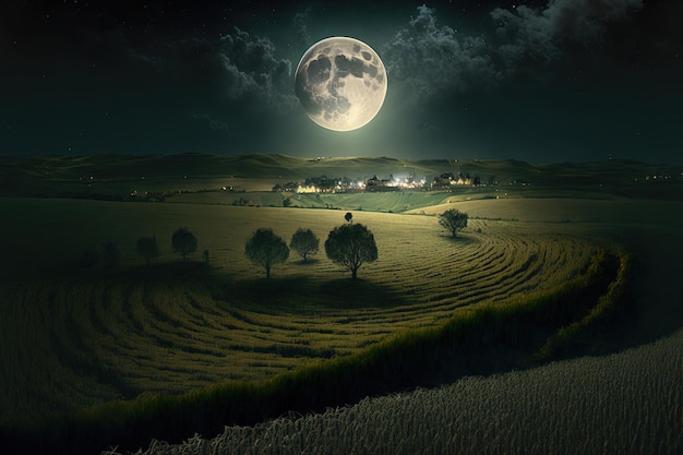 시골 환경의 들판은 밤에 달빛으로 밝혀집니다.