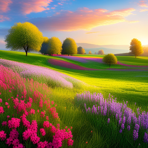 Photo fields sunset mountains rivers trees flowers spring autumn path lavender meadows blossoms