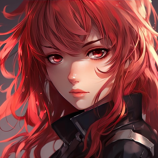 Fierce Anime Character with Red Scarlet Hair and HighDefinition Pink Eyes exuding Superiority