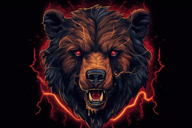 Fierce bear face with luminous eyes lightning background digital illustration Generative AI