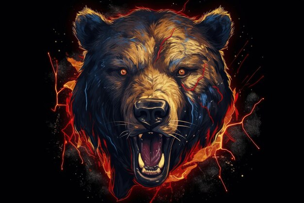 Fierce bear face with luminous eyes lightning background digital illustration generative ai