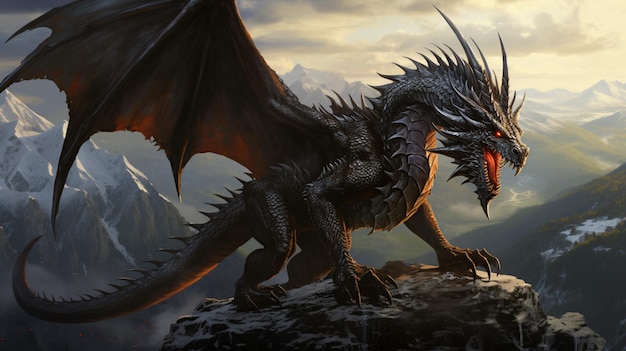 Fierce black dragon on mountain ridge