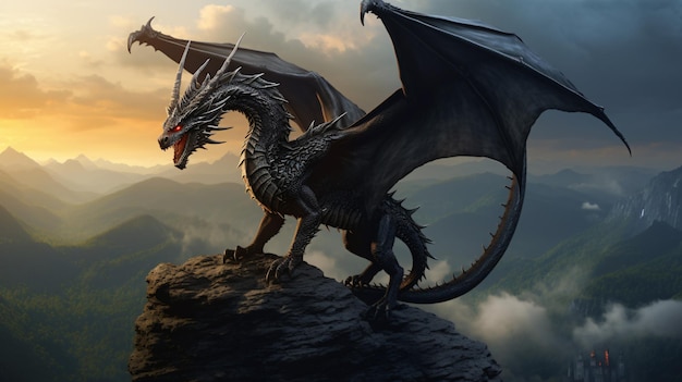 Photo fierce black dragon on mountain ridge