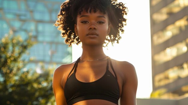 A fierce black woman sports a playful crop top paired with highwaisted bike shorts showcasing the