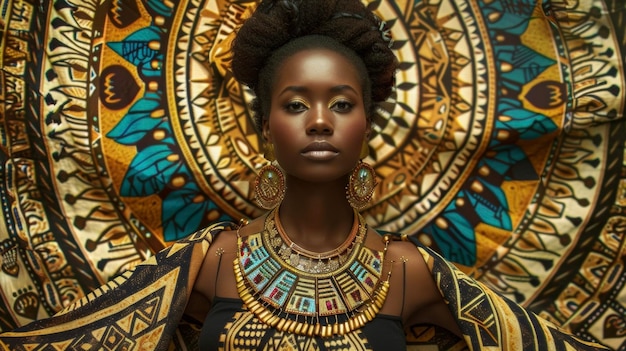 A fierce black woman stands in front of a vibrant tapestry her gaze fierce and powerful the