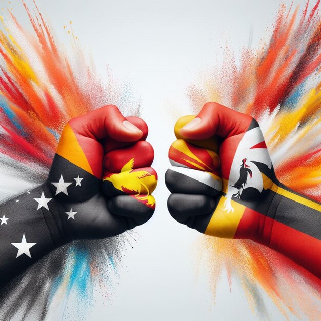 Photo fierce competition papua new guinea versus uganda flags in vibrant hand art