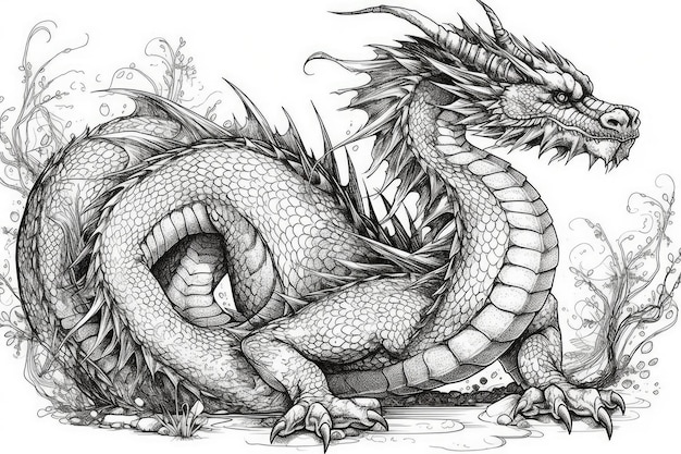 Fierce dragon in black and white Generative AI