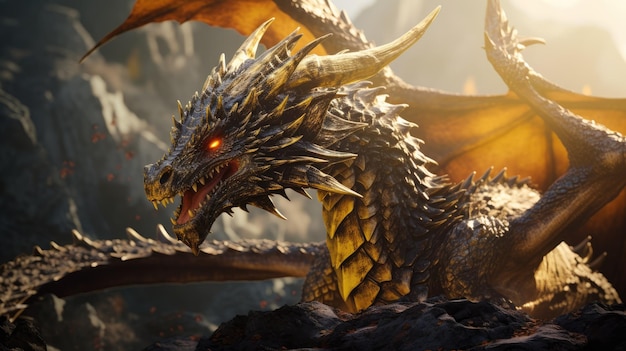 Photo fierce dragon with piercing yellow eyes and dark wings