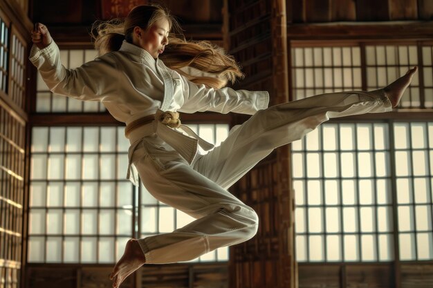 Photo fierce female martial artist midflying kick traditional dojo setting dramatic side lighting motion blur effect nikon z9 70200mm f28 slightly low angle ar 32 job id 48d2ba6e89fc451b9ec8de1e19654844