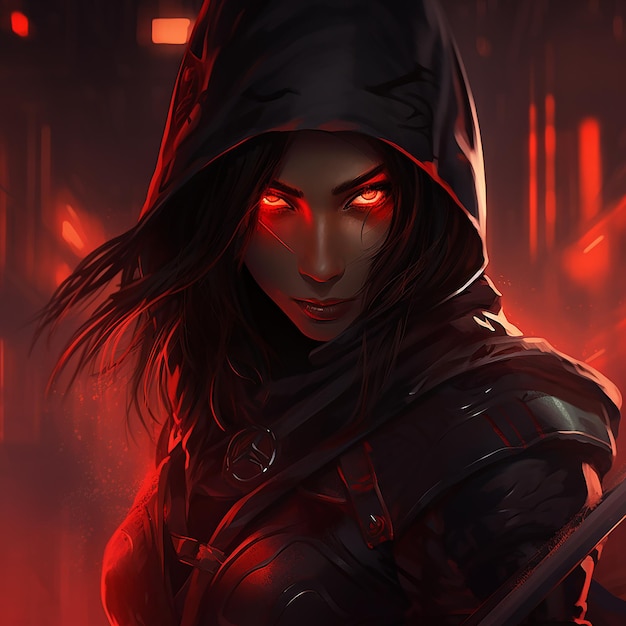 Fierce female ninja warrior with glowing red eyes