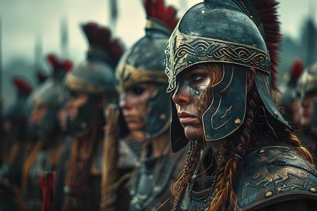 Fierce female warriors in helmets getting ready for battle in ancient times Concept Ancient Warriors Female Empowerment Battle Ready Historical Helmets Fierce Women