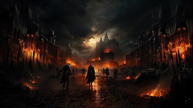 男性騎士の激しい戦闘グループが城を目指して戦う嵐の街の煙と火の戦場剣と槍を持つ騎士の肖像画