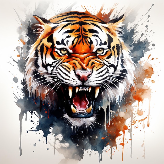 Fierce Fire Tattoo Design van Waterverf Boze tijger op platte witte achtergrond