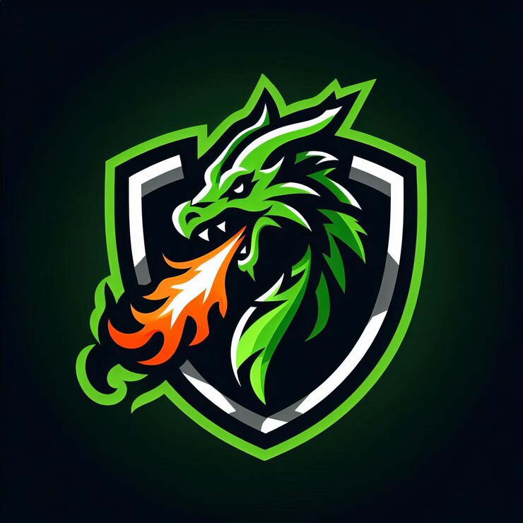 A fierce green dragon head breathing vibrant orange flames enclosed within a modern shield emblem