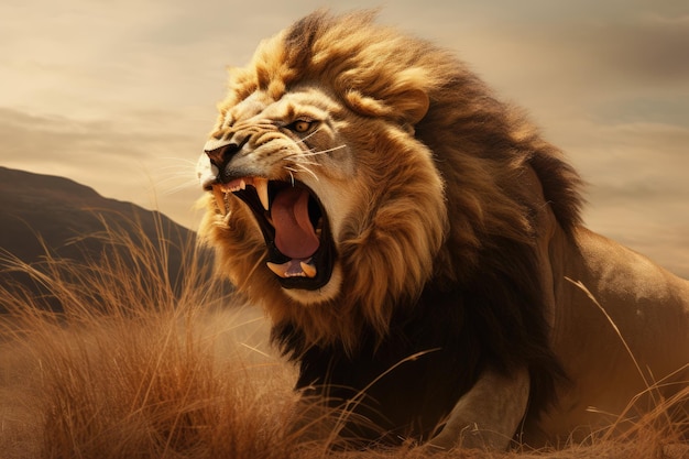사바나에서 울부는 맹렬한 사자 이 아프리카 사자는 사바나에 울부고 그의 맹렬하고 강력한 본성을 보여줍니다.