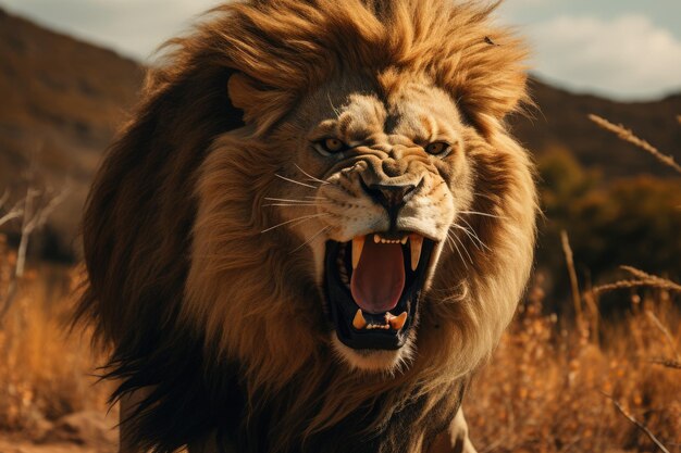 A fierce lion roaring in the savanna