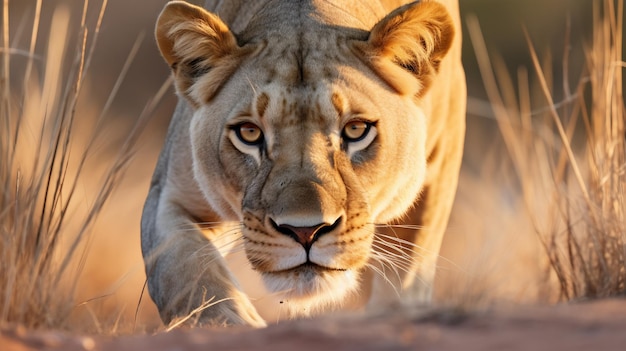 獲物を激しく追いかける獰猛な雌ライオン AI ジェネレーティブ