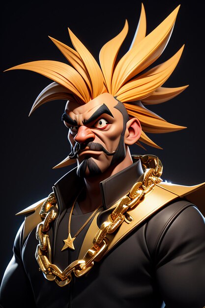 Fierce looking cartoon anime male character Weird exaggerated hair style Muscular macho