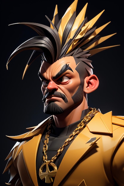 Fierce looking cartoon anime male character Weird exaggerated hair style Muscular macho