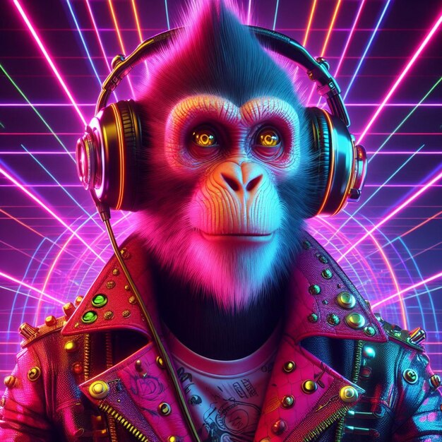 fierce monkey elegance a neonlit simian in a punk jacket embraces style under illumination