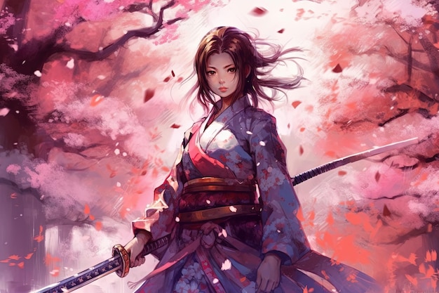 Fierce samurai girl wielding a katana and wearing traditional Japanese armor with a backdrop of cherry blossom trees in bloom manga style illustration generative ai