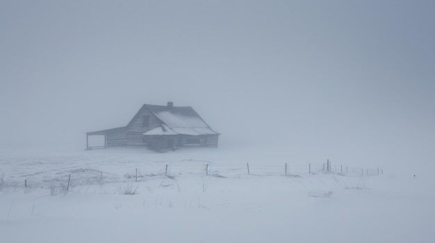 激しい雪嵐が激しくなり,風の吹き飛びと白い天候は,孤独な小屋の景色を遮っています.