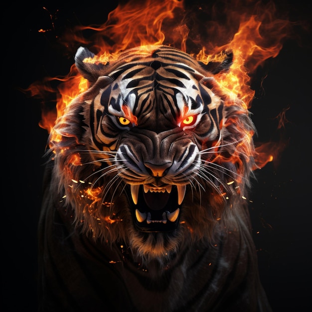 a fierce tiger made out of fire semi transparent black background