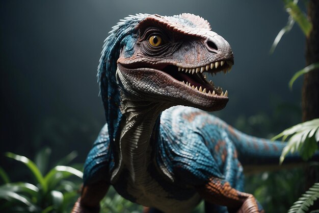 a fierce Velociraptor standing through the forest