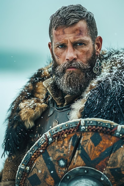 Fierce Viking Warrior in Traditional Armor Poses with Shield in Snowy Landscape Exuding Strength