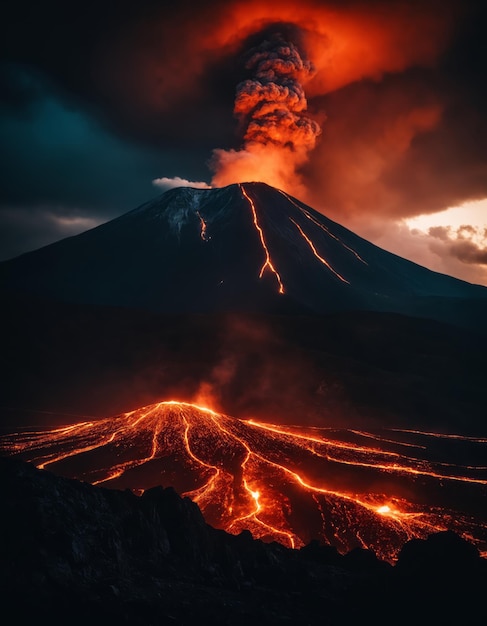 Foto un vulcano feroce in eruzione con un flusso di lava e pesanti nuvole di fumo al buio