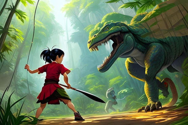 Свирепая девушка-воительница сражается с динозаврами Эпическая битва силы и отваги Генеративный искусственный интеллект