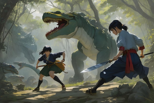 Fierce Warrior Girl Battling Dinosaurs Epic Clash of Strength and Courage AI Generative