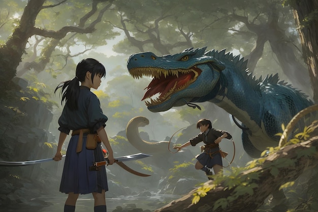 Fierce Warrior Girl Battling Dinosaurs Epic Clash of Strength and Courage AI Generative