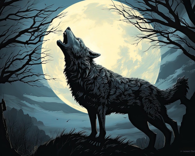 Свирепый волк воет при свете полной луны