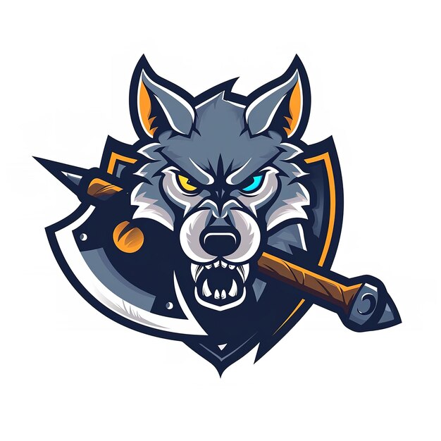 Photo fierce wolf logo blue eyes holding a spiked shield and wooden club