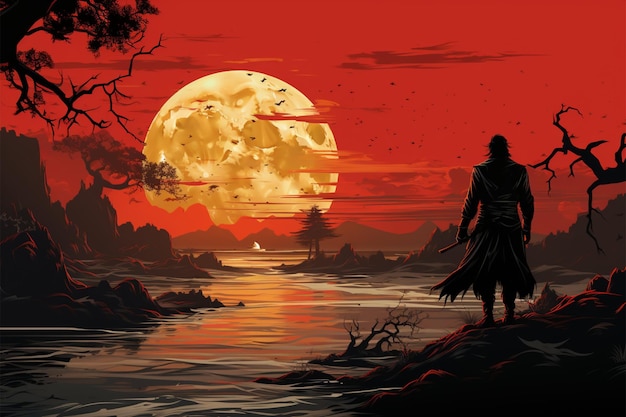 Fiery backdrop samurais stance at sunset captures strength and indomitable spirit