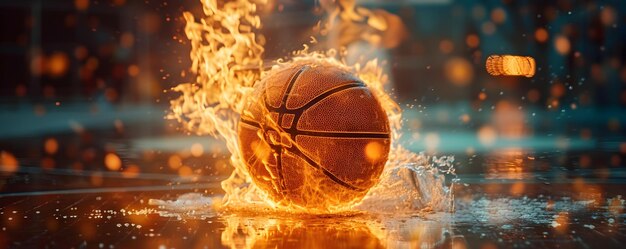 Огненный баскетбол взлетает к обручу, оставляя за собой горящую тропу Концепция Огненная баскетболная трейлерная тропа взлетает в сторону обруча Спортивная фотография
