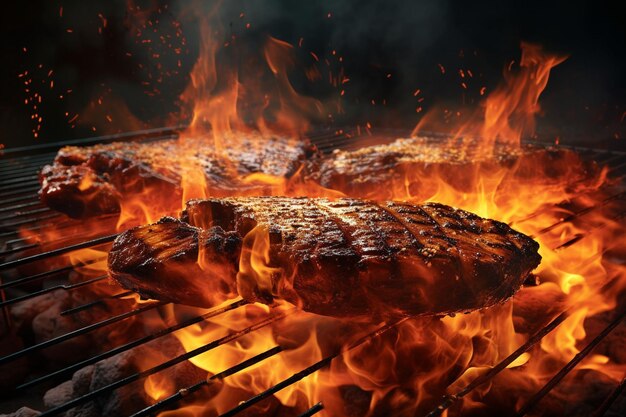 Fiery BBQ grill with sizzling steaks