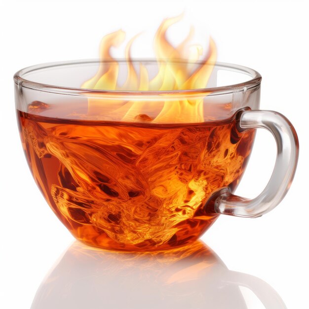 Photo a fiery brew a cup of tea ignites with flames and warmth