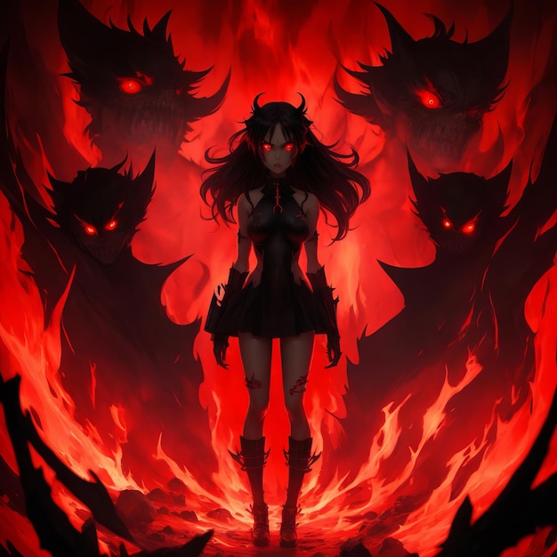 fiery character stands in depths of hell Red eyes and flames evoke an eerie ambiance Generative AI