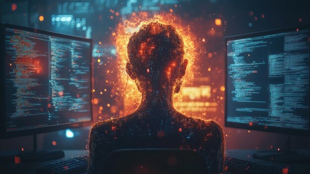 fiery coder amidst digital data streams latenight coding session