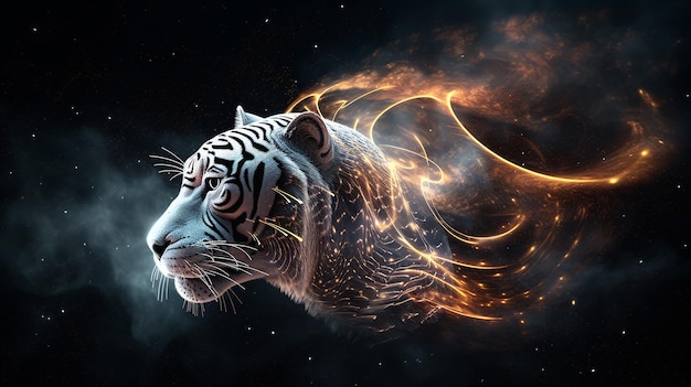 Огненный космический тигр крупным планом на черном фоне